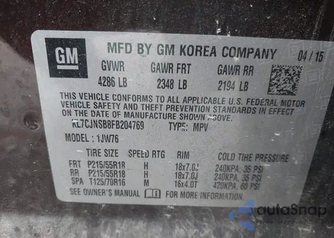 2015 Chevrolet Trax Ltz from USA, damaged, VIN KL7CJNSB8FB204769